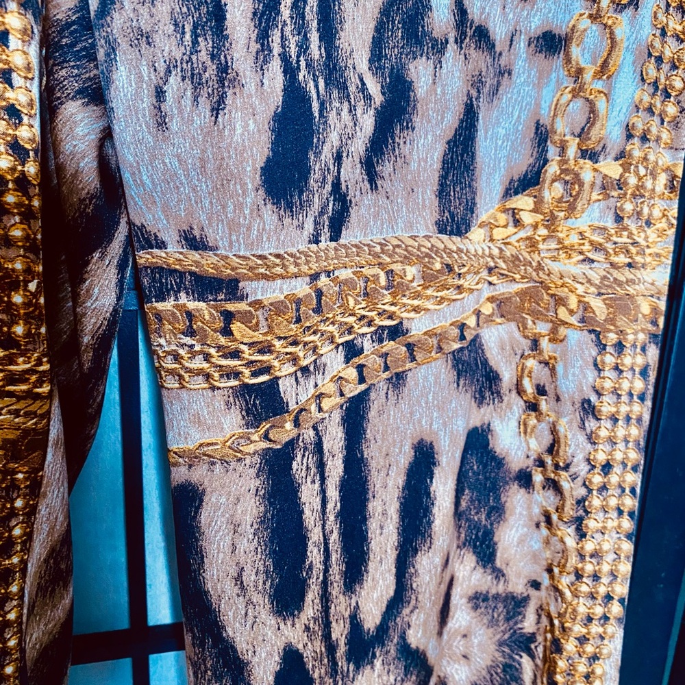 Roberto Cavalli Leopard and Gold Chains Flared Leg Silk Stretch Pants - Picture 8 of 13